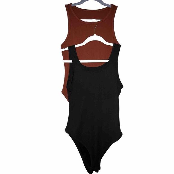 Bodysuit Lot Of 2 Womens Size M Ribbed Burnt Orange Black Tank Top Modern Summer - Picture 1 of 6